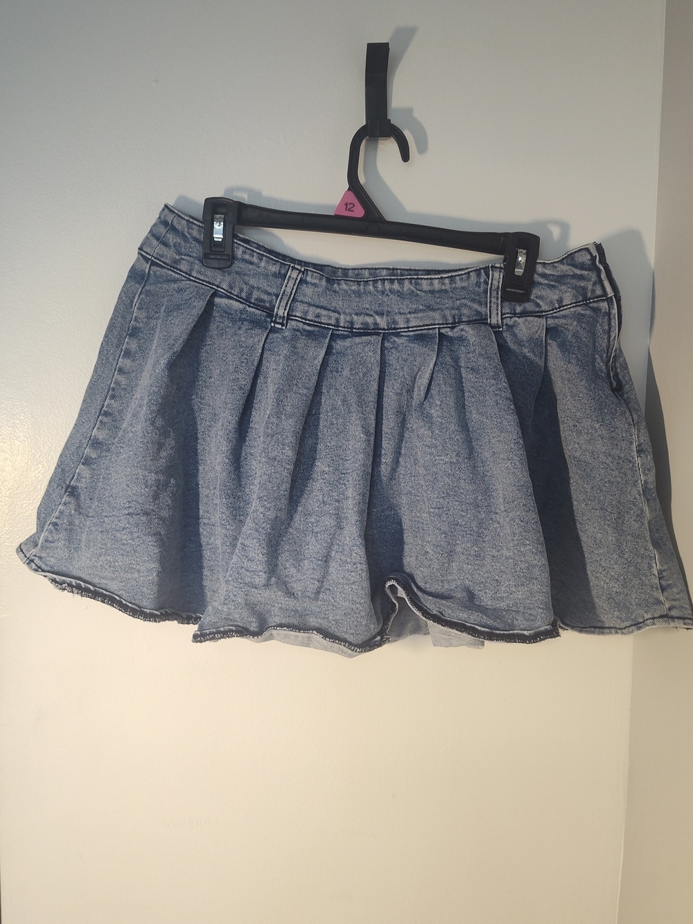 Denim-Look Pleated Mini Skirt - Light Blue #342